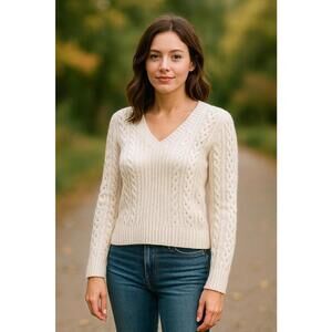 Womens Lucky Brand V Neck Pointelle Cable Knit Cream Off White XS Sweater